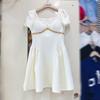 Nanyou Moda Europea, Americana y Australiana de Nicho Vestido de Cintura Delgado Cuadrado Mangas Cortas Abullonadas Estilo Francés Vestido