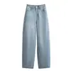 Toma real de jeans ajustadores de color claro con curvas para mujer, talla grande, diseño nuevo, pantalones tipo guadaña de corte holgado, pantalones de pierna ancha hasta el suelo