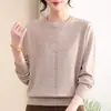 Roupa de Outono da Mamãe Tricô Vermelho Gola Redonda para Mulheres de Meia-Idade e Idosas Elegante Temperamento Redutor de Idade Top Manga Longa Camada Base Fina Suéter de Lã
