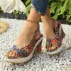 Sandalias Amazon estilo étnico 2026 con suelas gruesas, diseño floral de punta abierta, moda europea y americana, tacón de cuña, comercio exterior transfronterizo, talla grande