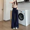 Jeans de pierna ancha con caída azul denim primavera y otoño cintura alta corte ajustado elástico pierna recta largo hasta el suelo pantalones azul oscuro