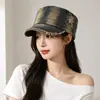 Gorra Plana de Mezclilla Vintage Desgastada y Rota para Mujer, Borde Deshilachado, Gorra Militar de Trabajo Lavada, Estilo Japonés, Gorra de Boina Newsboy de Ala Corta para Adelgazar el Rostro