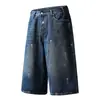 Pantalones Cortos de Mezclilla Cropped con Salpicaduras de Pintura Graffiti Pintados a Mano Moda Callejera Retro Verano Hombres Lavados Vintage Sucios Rectos