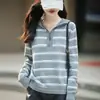 Moda Outono e Inverno: suéter de tricô listrado em blocos de cor com zíper parcial, suéter casual feminino de gola alta, manga longa, caimento solto