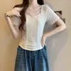 Elegante Camiseta de Manga Corta con Cuello Cuadrado Francés para Mujer, Top Corto Versátil Ajustado para Verano 2026