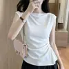 Top sem mangas com gola alta plissada para mulheres, camiseta com manga curta tipo babado, regata justa, novo estilo de verão, camisa básica versátil justa ao corpo