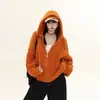 Jaqueta Cardigan de Tricô Laranja Estilo Coreano Atmosfera Preguiçosa para Homens e Mulheres Outono Dopamina Retrô Solta com Capuz