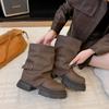 Botas Chelsea Maillard para Mulheres 2025 Outono e Inverno Novas Marrons Estilo Britânico Retrô Bico Redondo Salto Grosso Botas para Calça