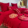 Juego de Ropa de Cama para Boda de Cuatro Piezas, Sábana y Funda de Edredón 100% Algodón Puro para Boda, Rojo Brillante, Para Recién Casados, 4 Dragones y Fénix Estilo Chino