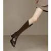 Botas Altas Marrones de Punta Fina para Mujer Otoño Invierno Tacones Altos Adelgazantes Botas Largas Cuello en V Tacón Grueso Suela Gruesa Botas de Montar Pequeñas