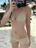 Traje de baño para mujer 2026 Estilo coreano Nuevo Sexy Rayado Pecho Pequeño Push-Up Estilo Pura Deseo Chica Caliente Vacaciones Manantial Caliente Bikini