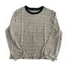 Camiseta de Otoño Nueva Transpirable Rayada Retro de Cuello Redondo Manga Larga para Mujer, Holgada, Casual, Capa Base, Top Versátil