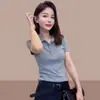Elegante camiseta gris de manga corta con cuello polo para mujer, moda de verano, elegante, versátil, top ajustado