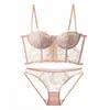 Lingerie Sexy Feminina Francesa Fina Bordada com Flores Pequenas Push-Up Sutiã Espinha de Peixe Estilo Colete Conjunto de Sutiã