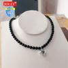 Plata de ley S925 ágata negra corazón de amor cadena clavícula estilo ins personalidad minimalista versátil collar corto de cuentas mujeres
