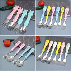 (Preço misto para garfo e colher) garfo e colher de abelha estampados em desenho animado, utensílios de mesa para alimentação de bebês, garfo e colher de aço inoxidável