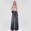 Jeans Rectos de Pierna Ancha Gris Cemento Retro Americano de Moda 2025 para Mujeres Petites, Pantalones Sueltos de Cintura Alta