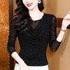 Tiro Real de Nuevo Estilo Versátil Camisa de Malla con Lunares y Terciopelo, Manga Larga, Cuello Oscilante, para Mujer