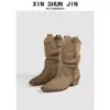 Botines finos de punta para mujer de piel de vaca, botines cortos de otoño/invierno, botas de montar retro de tacón grueso, botas western holgadas arrugadas
