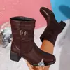 Comercio exterior transfronterizo talla grande nuevo estilo otoño e invierno 2026 botas apiladas para mujer con hebilla de cinturón, tacón grueso, punta cuadrada, plisadas de media pantorrilla, estilo equitación