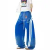 Pantalones de chándal azules con degradado y letras de estilo urbano americano para hombre y mujer, pantalones casuales holgados a rayas de primavera y otoño, de caída larga