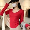Camiseta Básica de Manga Larga para Mujer, Top Casual con Cuello Redondo para Otoño e Invierno, Delgada, Ajustada, Ropa Interior Sexy, Camiseta Asimétrica para Chica