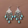 Pendientes Bohemianos Europeos y Americanos con Borlas y Turquesa, Pendientes de Estilo Étnico Retro, Joyería para Orejas Única y Elegante Estilo Tibetano