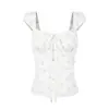 Blusa Feminina Unbdns Estilo Francês Doce Floral com Mangas Bufantes, Camisa Curta com Amarração na Cintura, Blusa Rosa Chique para Mulheres, Verão