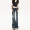 Jeans de Cintura Baixa Estilo Yimengling para Mulheres, Forrado com Fleece, Estilo Americano, Azul Escuro, Slim-Fit, Design Estiloso, Calça Ligeiramente Flare