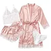 Amazon Pijama Sexy Feminino Europeu e Americano Conjunto de 4 Peças Renda Cetim Tentação Pijama Camisola Camisola Atacado