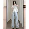Calça Azul Larga de Tecido Leite Yamamoto Tamanho Grande 150kg para Mulheres Primavera e Verão Fina Solta Casual Preguiçosa
