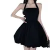 Vestido Nuevo de Verano 2024 Elegante Sexy de Cintura A-line Negro Puro Vestido con Tirantes al Cuello Vestido Negro Pequeño para Mujer