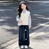 Nuevo Conjunto Dulce de Dos Piezas Falsas con Lazo para Primavera/Otoño 2026 Estilo Coreano Personalidad Jeans Conjunto de Dos Piezas para Niña Pequeña