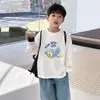 Camiseta de manga larga para niño, 100% algodón, top elegante de cuello redondo holgado para niños, camiseta de moda para niños mayores