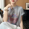 Camiseta de verano de manga corta con estampado de dibujos animados, súper vendida, corte holgado, adelgazante, cuello redondo, tejido de punto fino, estilo coreano, moderna y rejuvenecedora