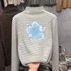 Camiseta térmica de base estilo coreano para niña, con rayas, Otoño/Invierno, manga larga, para niños, cuello semi-alto, cálida