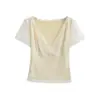 Estilo Pura Sexy Chica Picante Camiseta de Encaje Color Albaricoque con Cuello en V y Manga Corta para Mujer, Top Corto Único y Hermoso de Verano Ajustado para Figuras Pequeñas