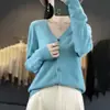 Cárdigan de punto sin costuras de una pieza para otoño e invierno, cuello en V, 100% lana tejida, color liso, chaqueta superior de estilo coreano simple para mujer