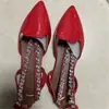Sandálias de Bico Fino com Strass para Mulheres, Estilo Novo Primavera e Outono, Exportação para Europa e América, Fundo Plano, Tamanho 42, Sapatos Femininos de Cetim sem Costas com Fivela