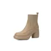Botas Curtas de Malha Patchwork Moda Britânica 7cm Slim Atacado Outono e Inverno Novas Bico Redondo Solado Grosso Salto Bloco para Mulheres
