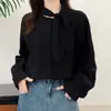 Outono Novo Artístico Doce Cadarço Jacquard Solto Versátil Camisa de Manga Comprida Feminina Redutora de Idade Casual e Versátil