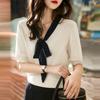 Verano Nuevo Estilo Coreano Lazo Hielo Fresco Seda Estilo Suave Camiseta Base Tejida para Mujer Blanca Holgada Perezosa Ropa Exterior