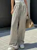Pantalones de pierna ancha a rayas de verano nuevos transfronterizos europeos y americanos para mujer 2026, pantalones casuales holgados de cintura alta con cordón y bolsillos