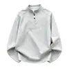 Camiseta Blanca-Gris con Cuello Henry de Manga Larga para Mujer, Sudadera de Forro Polar Grueso con Parches Estilo Americano para Otoño e Invierno, con Cuello Alto