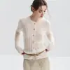 Kang Sai Ni Outono/Inverno 2026 75% Cashmere 25% Seda de Amora Cardigã Feminino de Manga Longa com Trança Gola Redonda Fechamento por Botões