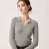 Outono Inverno Novo 100% Caxemira Pura Camisa Polo Feminina Simples para o Dia a Dia Manga Longa Suéter de Tricô Slim Fit Camada Base
