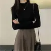 Al por mayor Hongo Negro Borde Medio Cuello Alto Tejido Capa Base Top Mujer Otoño Invierno Ajustado Manga Larga Ropa Interior Suéter Versátil Elástico Superior