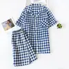 Pijama de algodón para mujer, manga corta, shorts, traje de verano para pareja, gasa de algodón, a cuadros, ropa casual para el hogar para hombre, talla grande