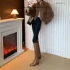 ¡Versión de piel de oveja! Botas Altas para Mujer Miu con Tacón Grueso y Punta Cuadrada, con Hebilla de Cinturón, Debajo de la Rodilla, Color Caramelo, Botas Elásticas