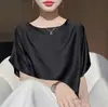 Cuello de una línea Mangas de murciélago Verano Nuevo Holgado Satén Sedoso Top Adelgazante y Amigable con la Piel Delgado Mangas Cortas